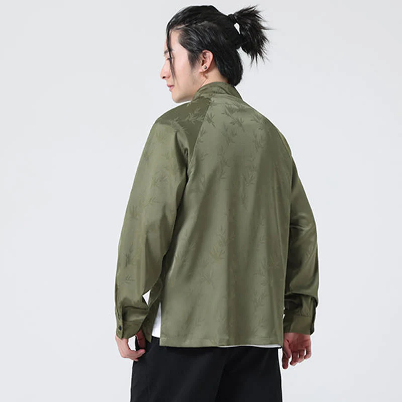 Buddha Stones Spring Jacquard Bamboo Leaves Pattern Chinese Frog-Button Design Men's Long Sleeve Shirt