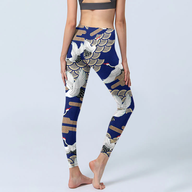 Buddha Stones Red-crowned Cranes Fan-shaped Auspicious Clouds Print Gym Leggings Women's Yoga Pants