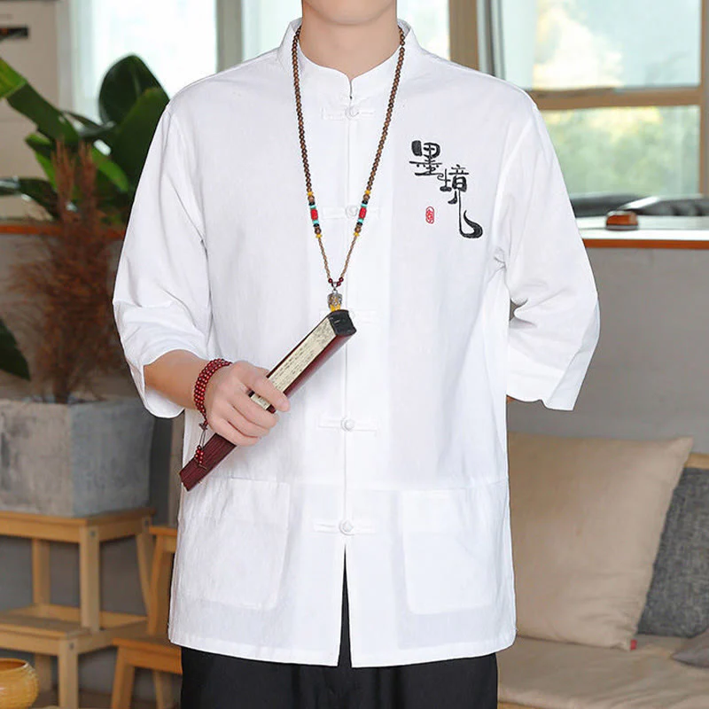 Buddha Stones Frog-Button Chinese Tang Suit Three Quarter Sleeve Cotton Linen Men's Shirt