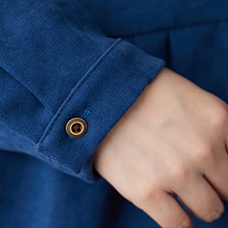 Buddha Stones Casual Plain Buttons Design Thermal Cotton Linen Midi Dress With Pockets