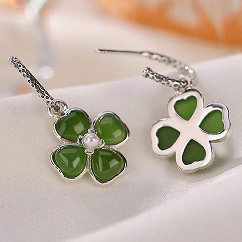 Buddha Stones 925 Sterling Silver Natural Cyan Jade Four Leaf Clover Luck Success Earrings