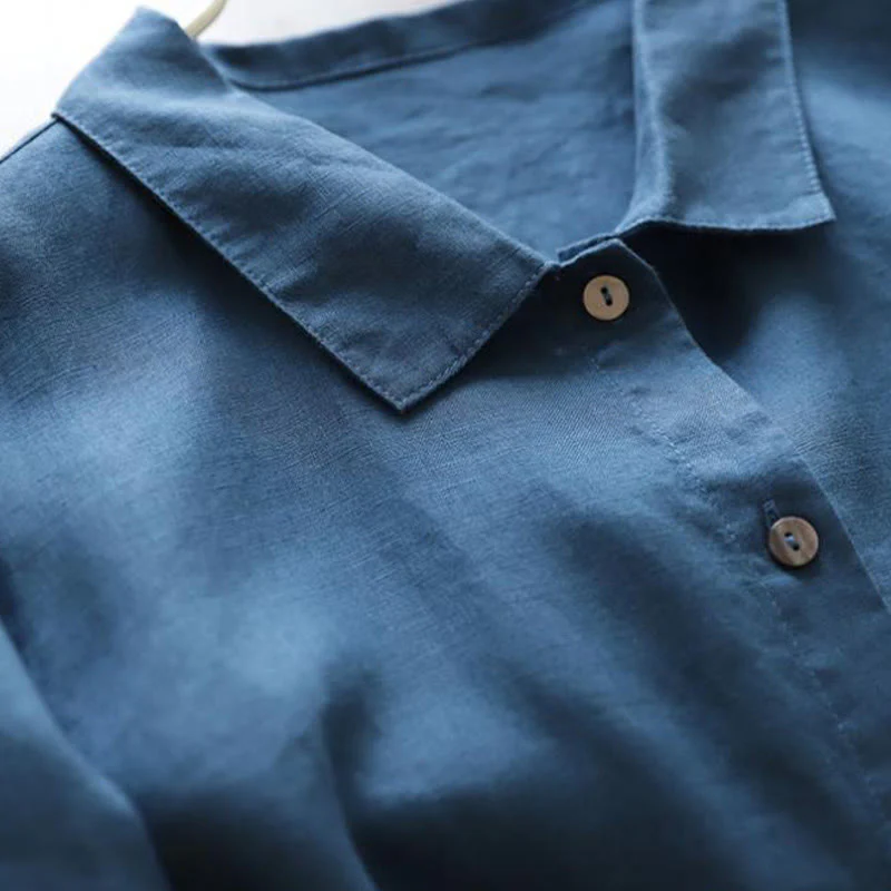 Buddha Stones Casual Plain Lace-up Stand Collar Linen Midi Dress With Pockets