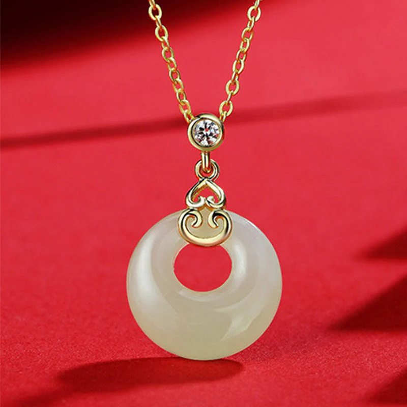 Buddha Stones 925 Sterling Silver Natural Hetian Jade Gourd Peace Buckle Zircon Luck Bracelet Necklace Pendant Earrings