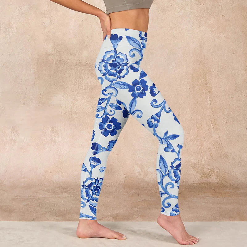 Buddha Stones Blue Flowers Leaves Branches Print Gym Leggings Women's Yoga Pants