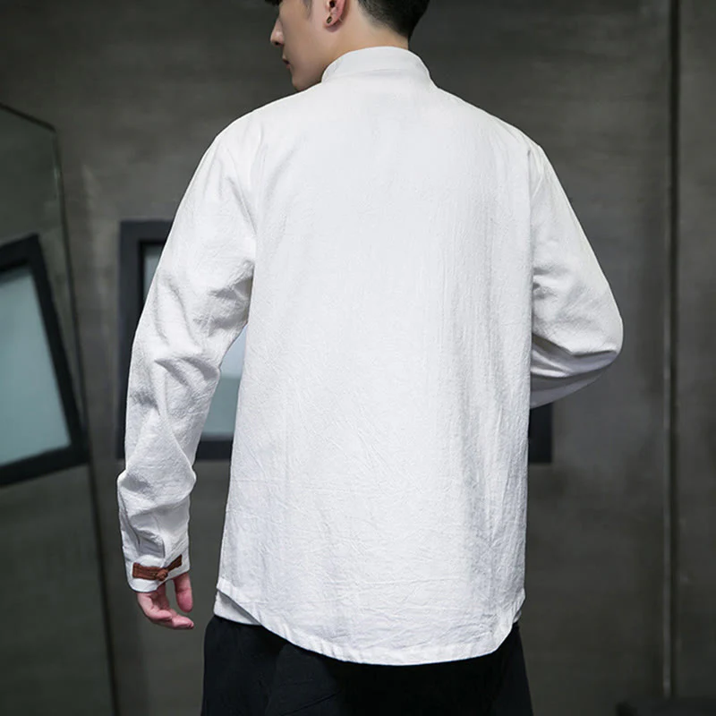 Buddha Stones Men's Stand Collar Frog-button Cotton Linen Long Sleeve Shirt With Pockets