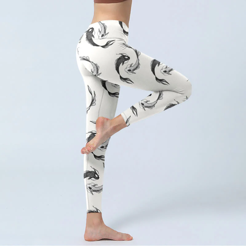 Buddha Stones YinYang Koi Fish Pattern Print Gym Leggings Women's Yoga Pants