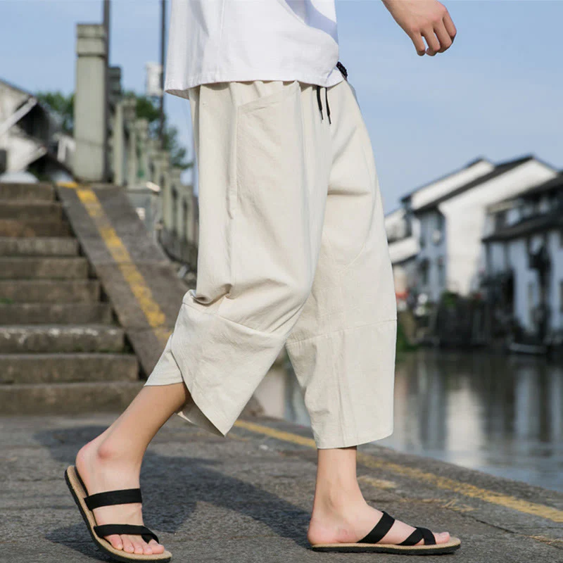 Buddha Stones Summer Casual Simple Plain Tapered Design Drawstring Men's  7-8 Length Cotton Linen Pants With Pockets