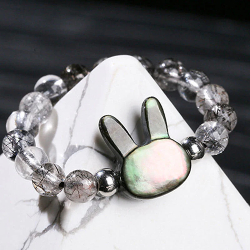 Buddha Stones 3mm Black Rutilated Quartz Tridacna Stone Rabbit Cat Ring