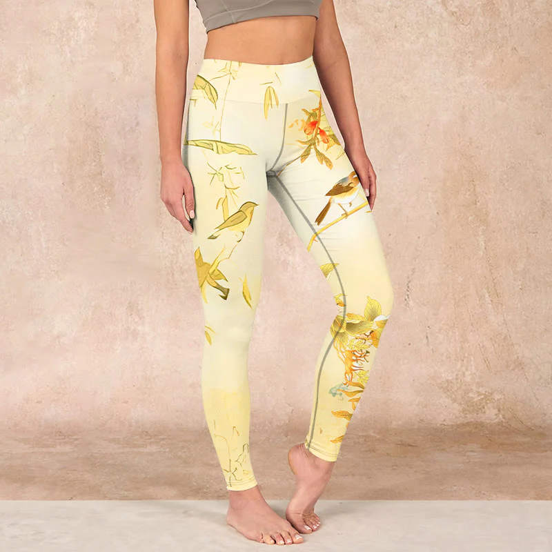 Buddha Stones Light Yellow Peony Flowers Birds Print Sports Leggings Women's Yoga Pants