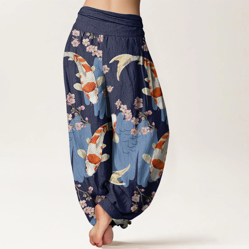 Buddha Stones Casual Koi Fish Cherry Blossom Pattern Women's Elastic Waist Harem Pants