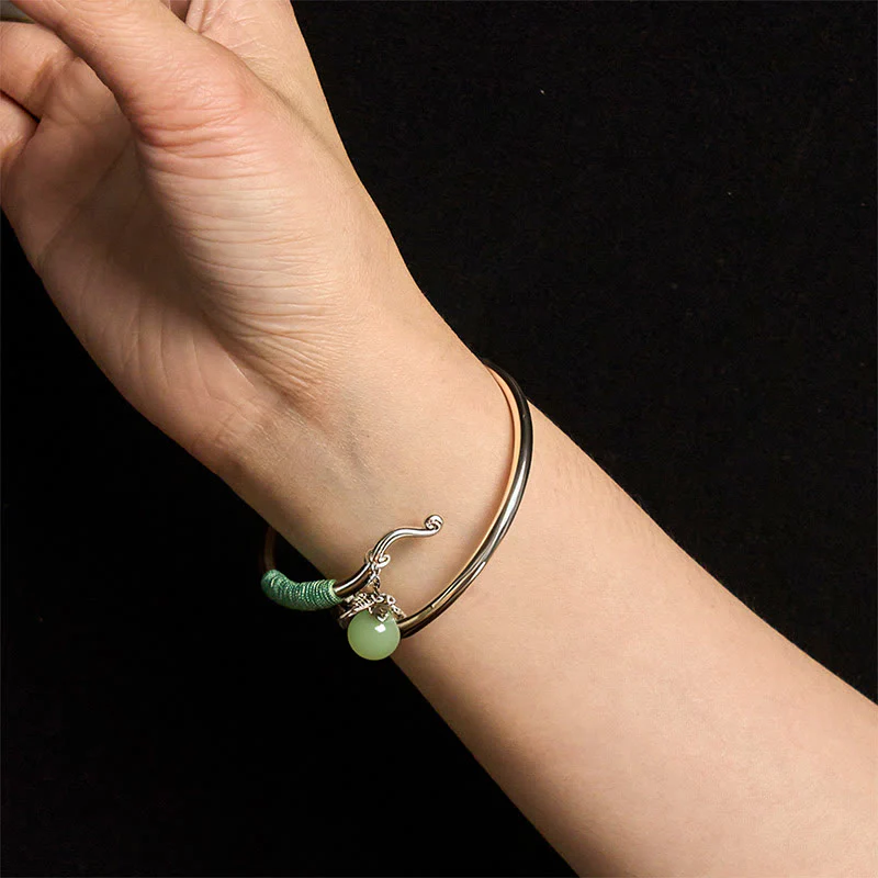 Buddha Stones Copper Alloy Green Bead Charm Luck Cuff Bracelet Bangle