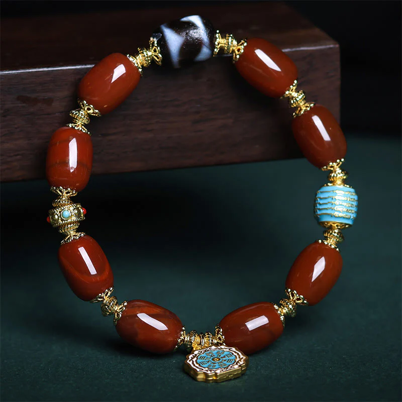 Buddha Stones Natural South Red Agate Bagua Dzi Bead Power Bracelet