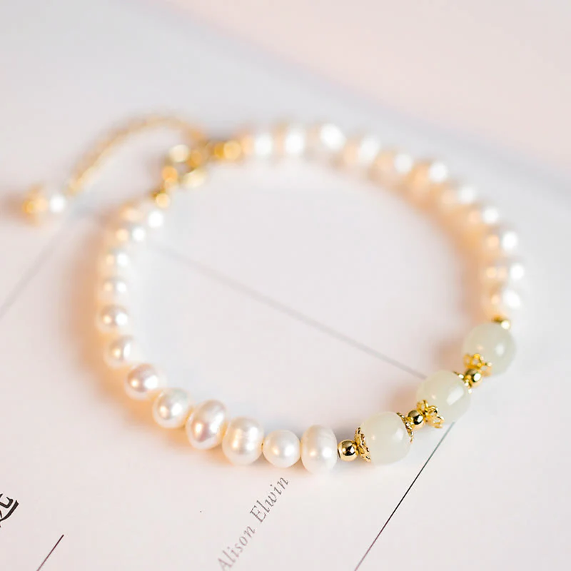 Buddha Stones 14K Gold Plated Natural Pearl Hetian Cyan Jade White Jade Sincerity Bead Chain Bracelet
