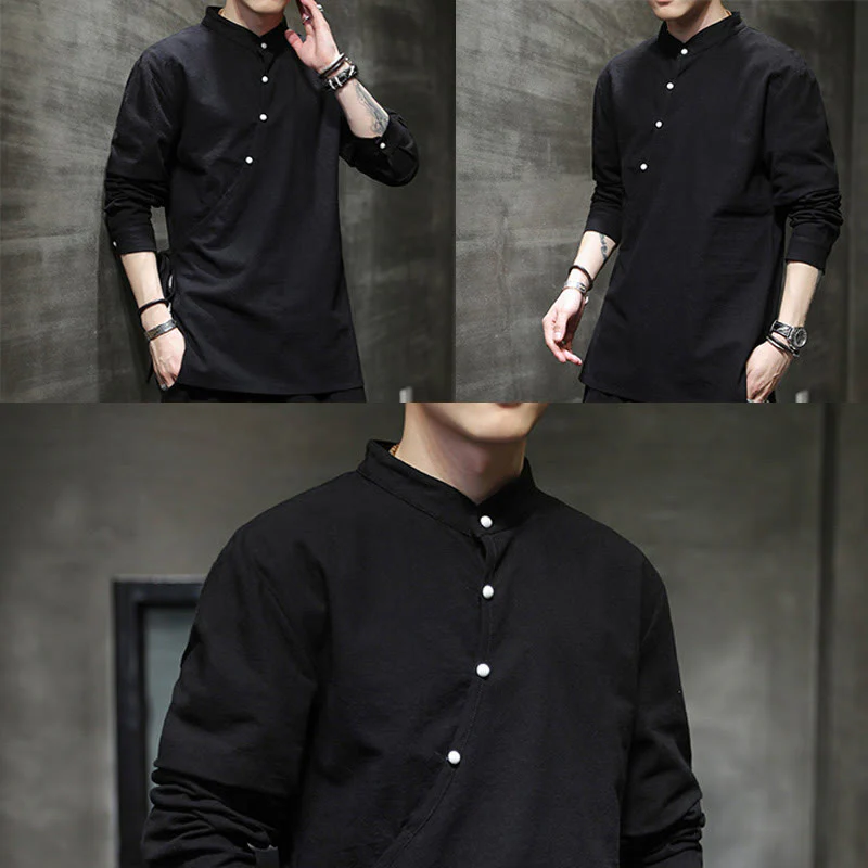Buddha Stones Plain Lace-Up Simple Button Design Men's Long Sleeve Cotton Linen Shirt Clothing