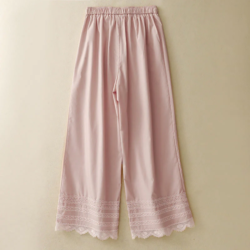 Buddha Stones Commute Plain Lace Patchwork Drawstring Design Women's Wide Leg Cotton Ankle-Length Pants With Pockets