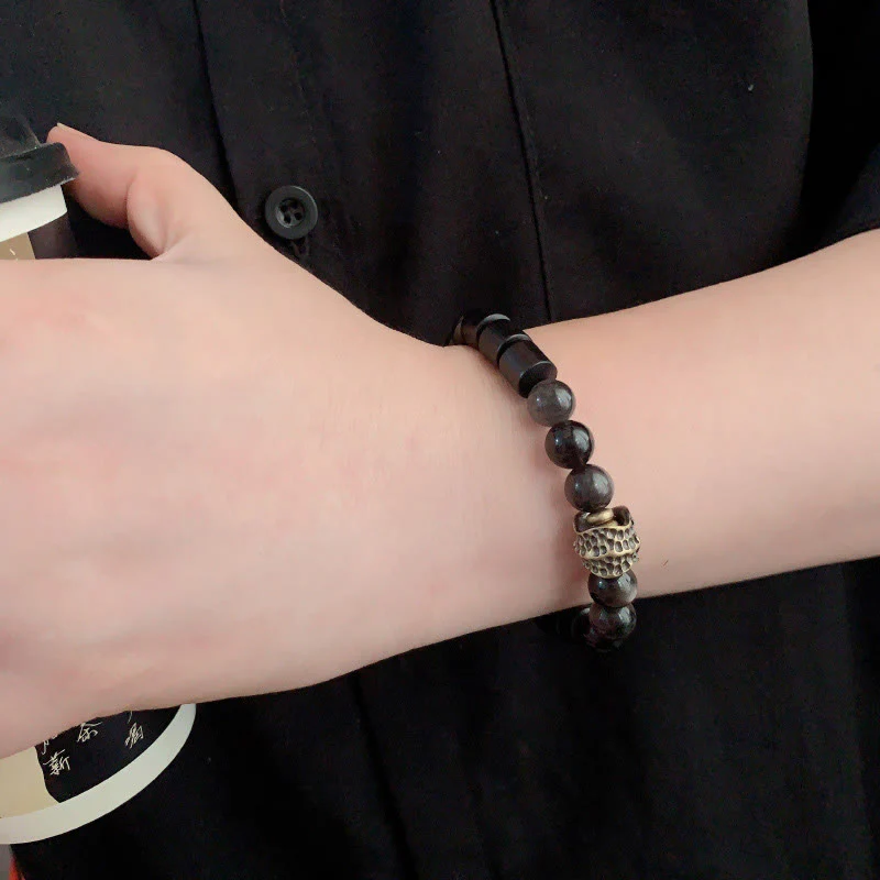 Buddha Stones Silver Sheen Obsidian Ebony Protection Bracelet