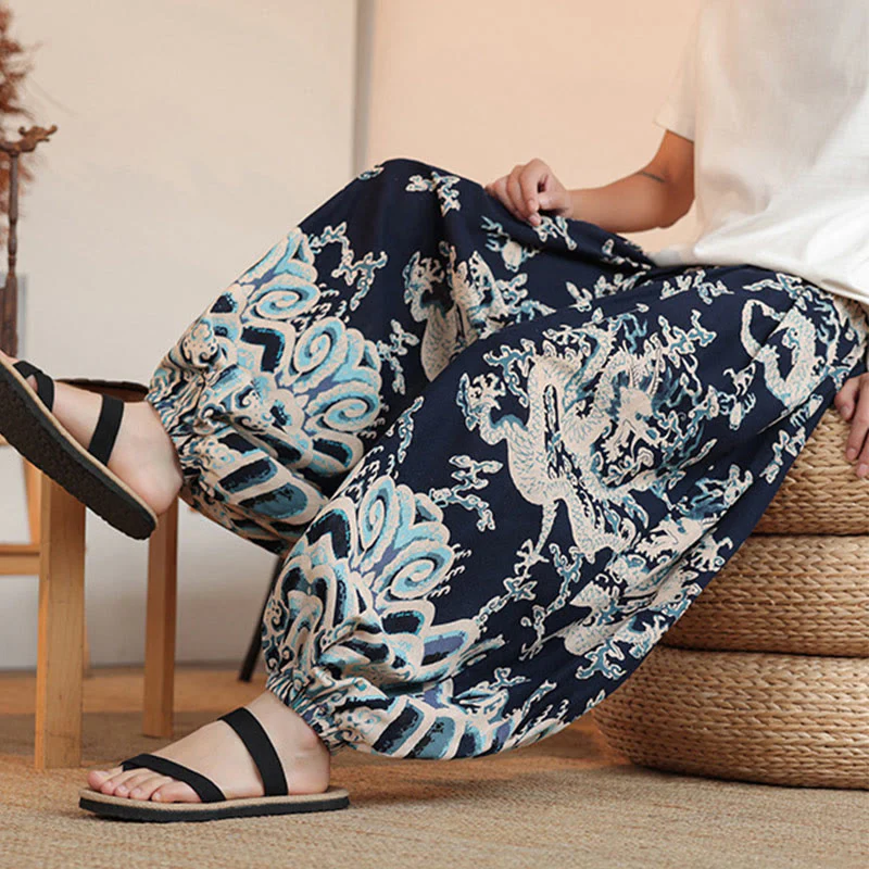 Buddha Stones Dragon Print Cotton Men's Harem Ankle-Length Pants With Pockets
