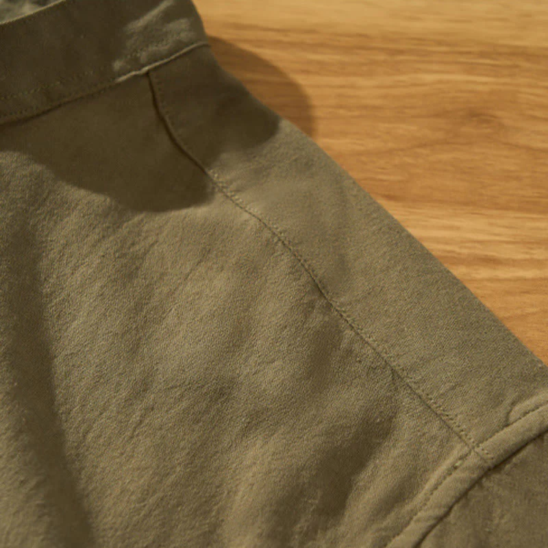 Buddha Stones Summer Solid Men's Half Button Short Sleeve Cotton Shirt