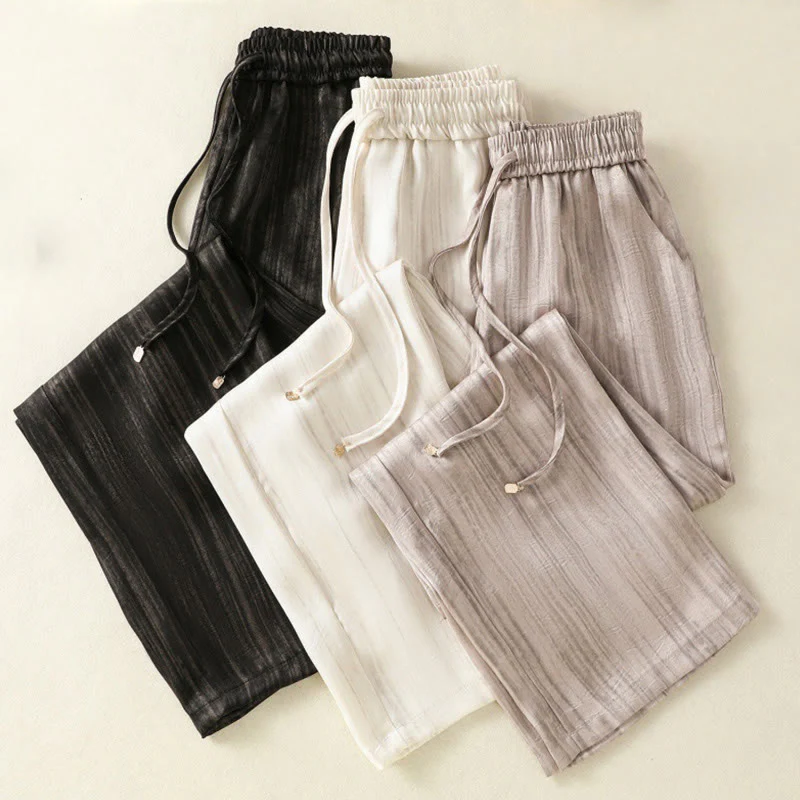 Buddha Stones Artistic Casual Vertical Lines Pattern Drawstring Ankle-length Women's Pants With Pockets