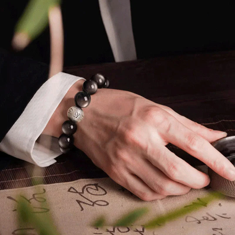 Buddha Stones Natural Silver Sheen Obsidian Om Mani Padme Hum Protection Bracelet