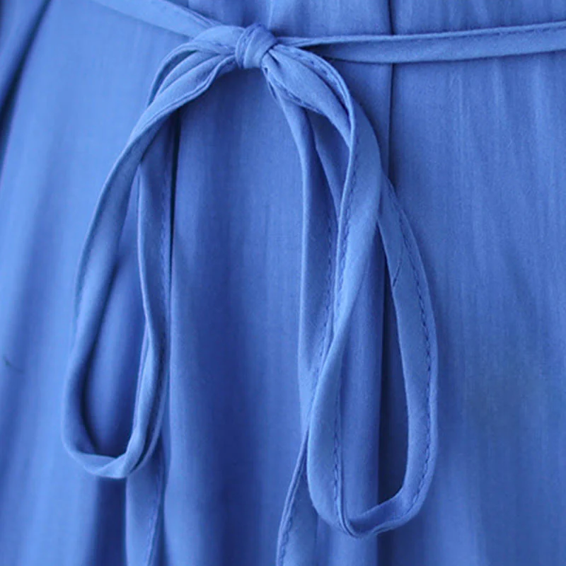 Buddha Stones Casual Plain Crew Neck Pleated Polyester Midi Dress With Pockets