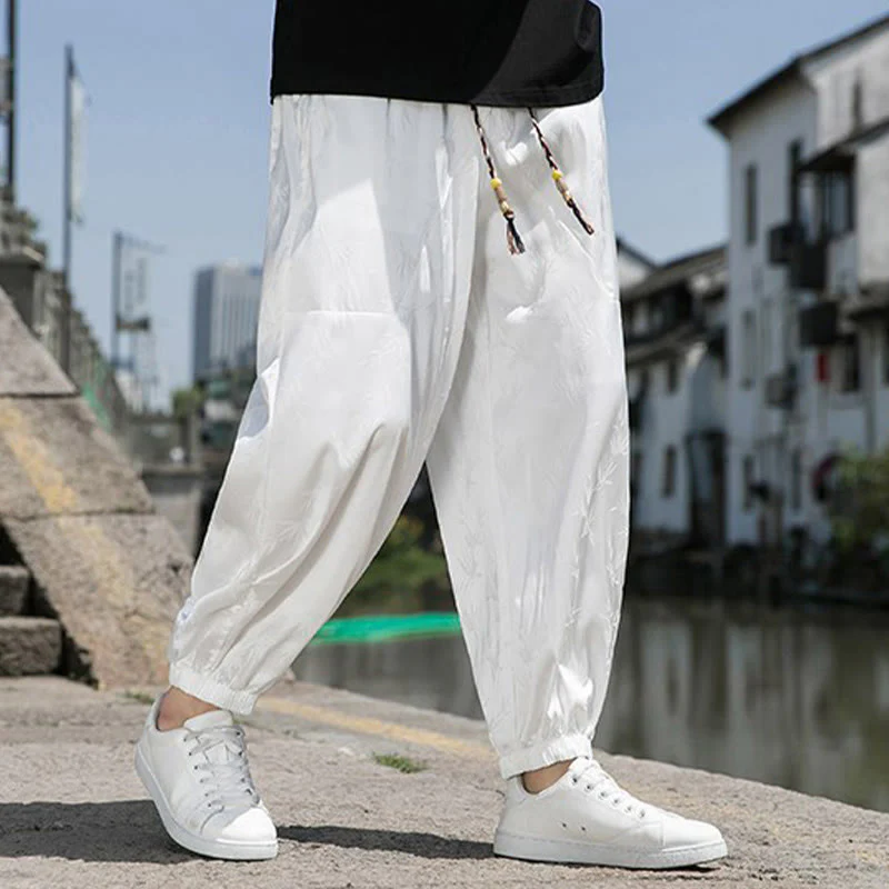 Buddha Stones Summer Ice Silk Jacquard Bamboo Pattern Men's Drawstring Cotton Pants With Pockets
