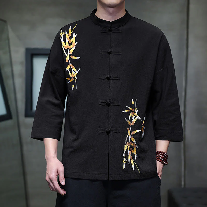 Buddha Stones Embroidery Men's Chinese Frog-Button Three Quarter Sleeve Shirt Clothing