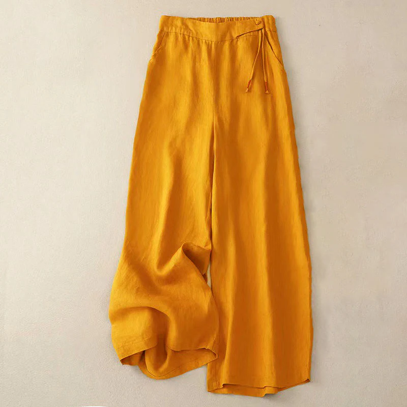 Buddha Stones Casual Solid Color One Button Cotton Linen Women's Wide Leg Pants With Pockets