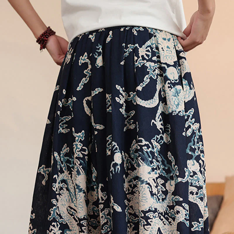 Buddha Stones Dragon Print Cotton Men's Harem Ankle-Length Pants With Pockets