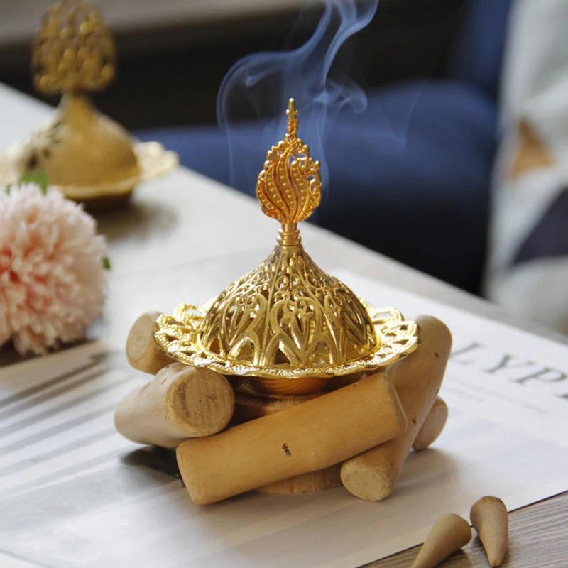 Buddha Stones Gold Alloy Healing Mini Incense Burner With Wooden Coaster Home Decor
