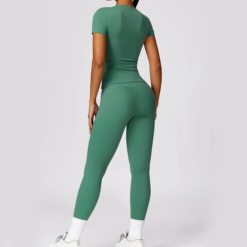 Buddha Stones Women Short Sleeve T-Shirt Top High Waist Leggings Pants For Sports Yoga