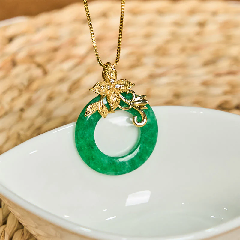 Buddha Stones Cyan Jade Peace Buckle Alloy Flower Healing Luck Necklace Pendant
