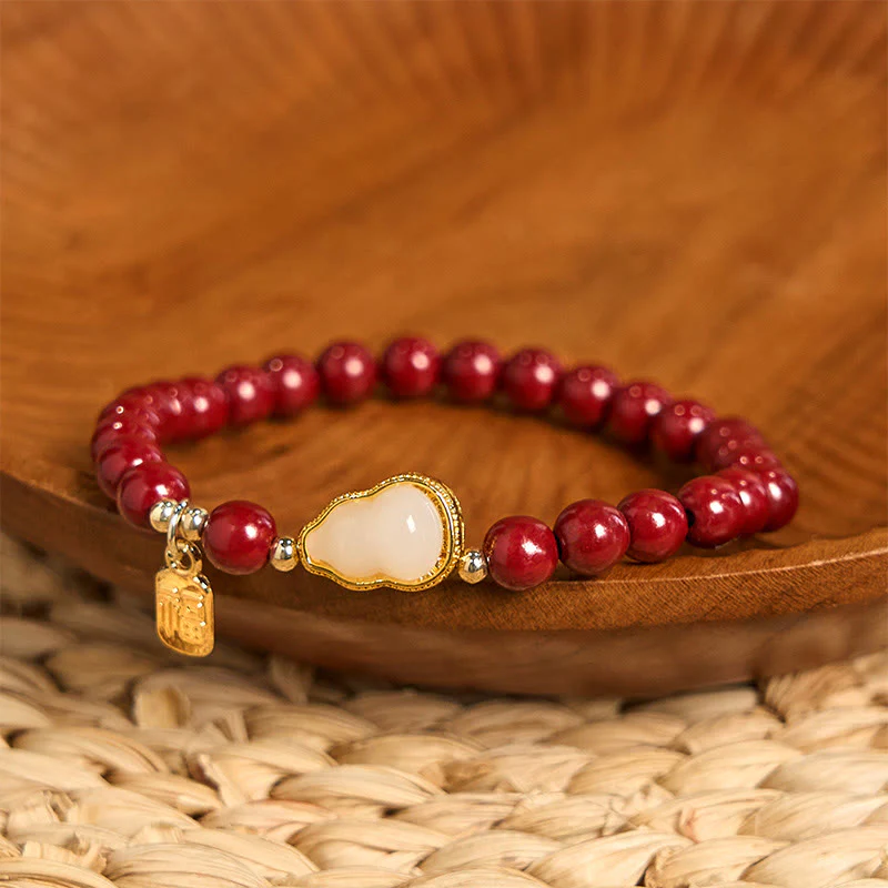 Buddha Stones Cinnabar Gourd Fu Character Charm Blessing Bracelet