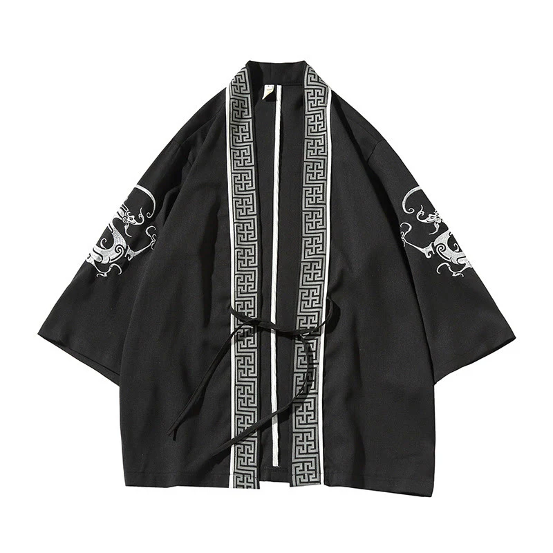 Buddha Stones Embroidery Dragon Phoenix Auspicious Cloud Waves Leaves Cranes Open Front Jacket Men's Kimono