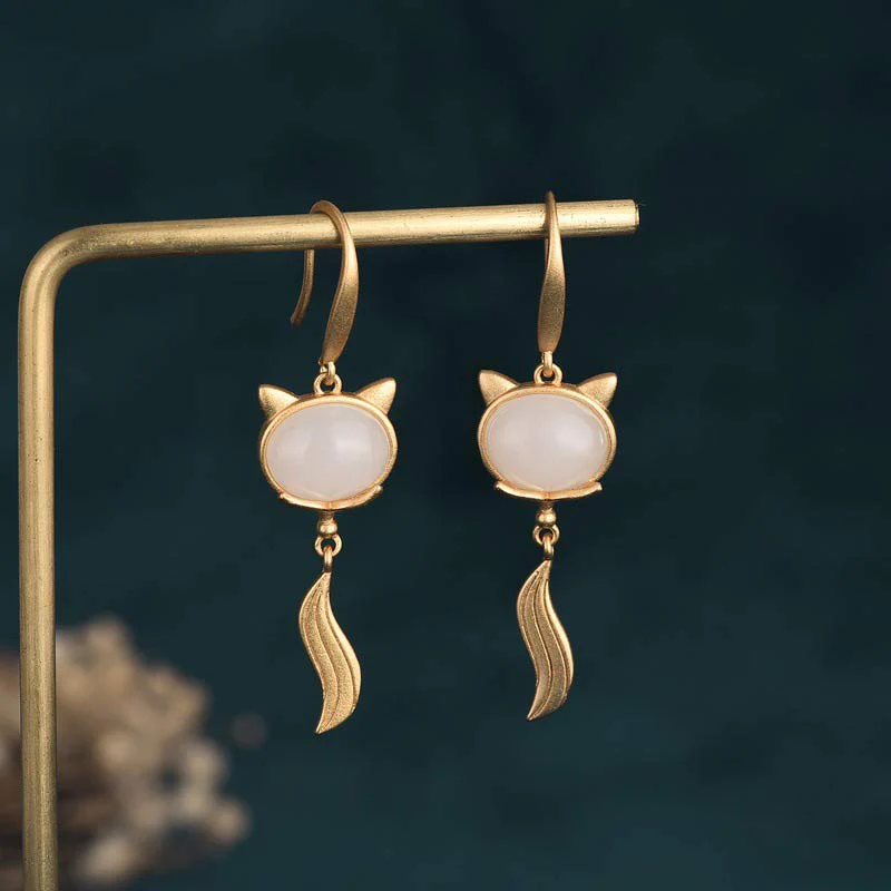 Buddha Stones FengShui White Jade Fox Fortune Earrings