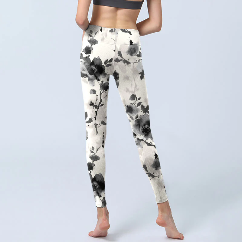 Buddha Stones Ink Painting Style Flower Pattern Print Gym Leggings Women's Yoga Pants