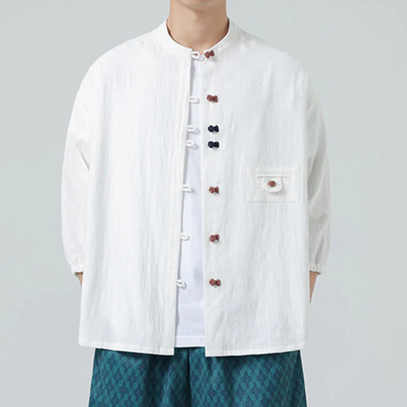 Buddha Stones Summer Frog-Button Front Stand Collar Men's Three Quarter Sleeve Cotton Shirt Cardigan With Pocket