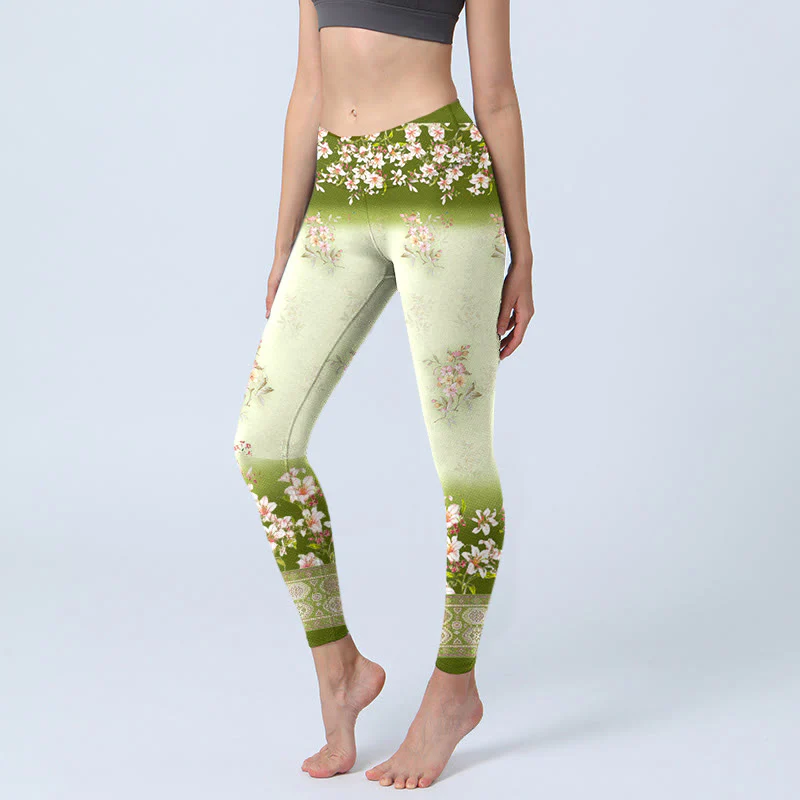 Buddha Stones Pink Flowers Green Leaves Print Gym Leggings Women's Yoga Pants