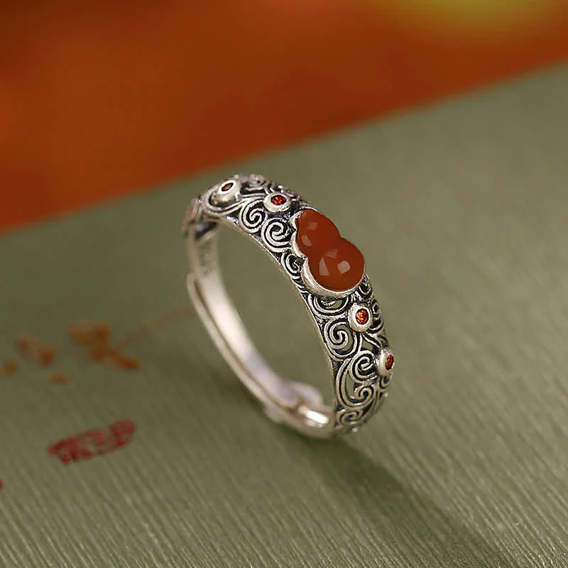 Buddha Stones 925 Sterling Silver Red Agate Cyan Jade Gourd Blessing Auspicious Ring