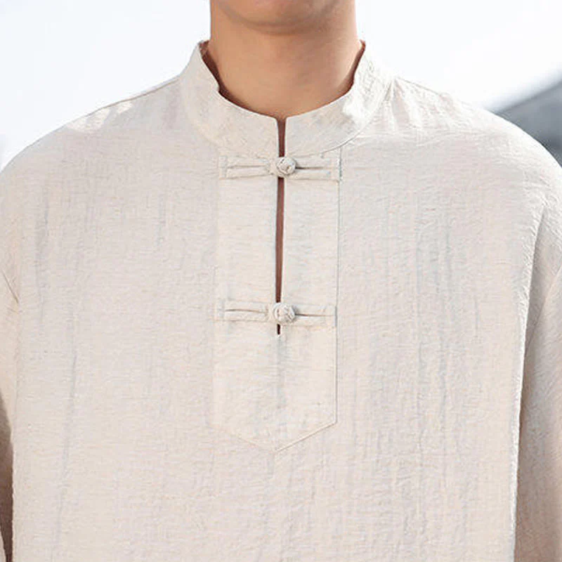 Buddha Stones Two Frog-Button Stand Collar Long Sleeve Men's Cotton Shirt