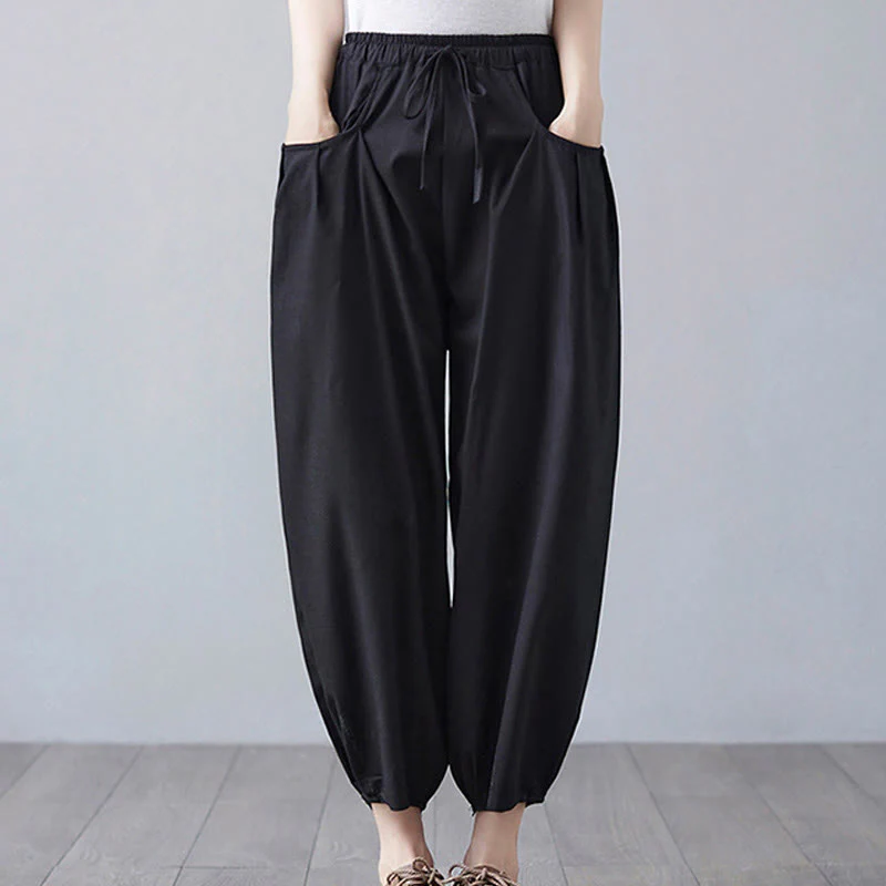 Buddha Stones Summer Plain Cropped Pants Women's Cotton Linen Harem Pants With Pockets