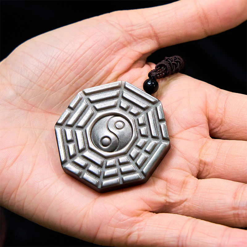 Buddha Stones Silver Sheen Obsidian Bagua Yin Yang Symbol Protection Necklace Pendant