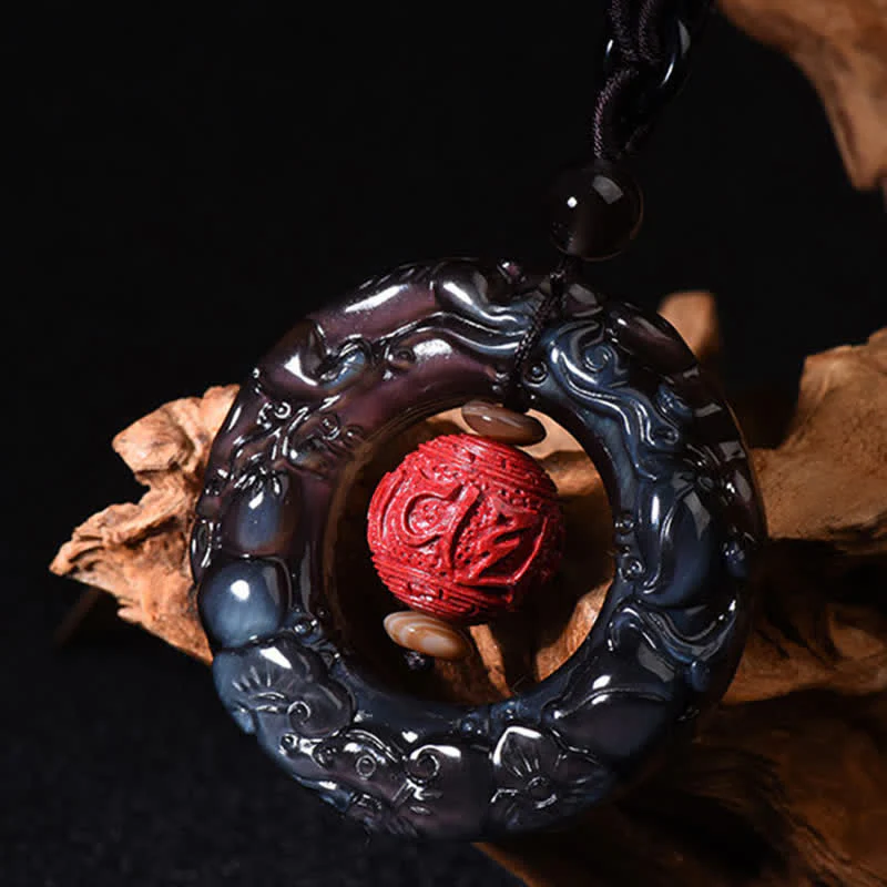 Buddha Stones FengShui Natural Rainbow Obsidian PiXiu Cinnabar Healing Necklace Pendant