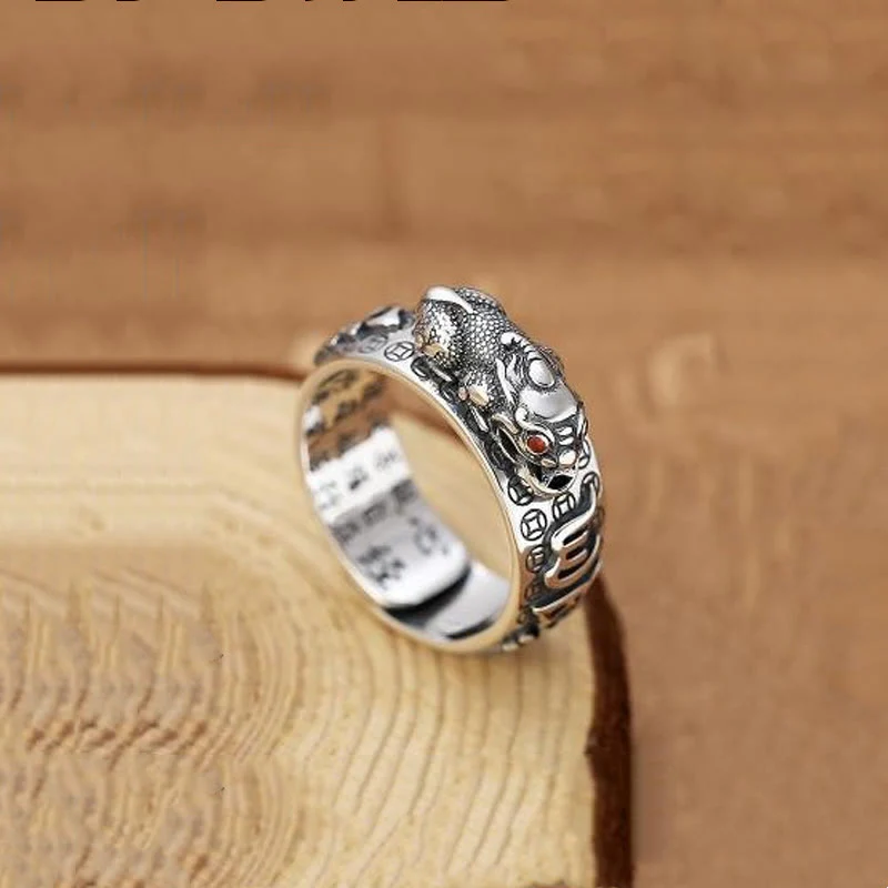 Buddha Stones Tibetan 990 Sterling Silver Om Mani Padme Hum PiXiu Dorje Vajra Heart Sutra Engraved Wealth Ring