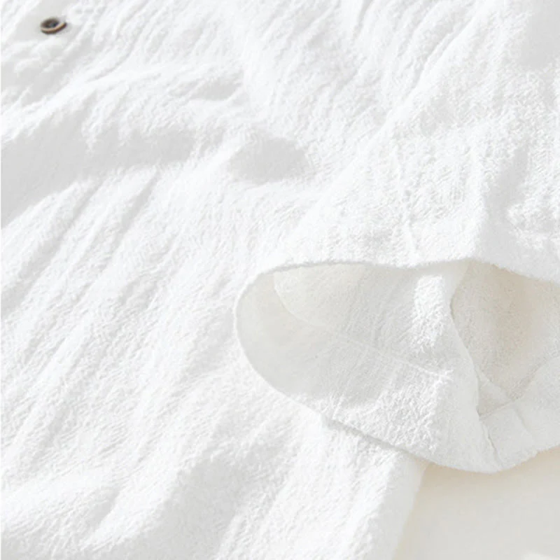 Buddha Stones Casual Buttons Design Stand Collar Men's Short Sleeve Cotton Linen Shirt With Pockets