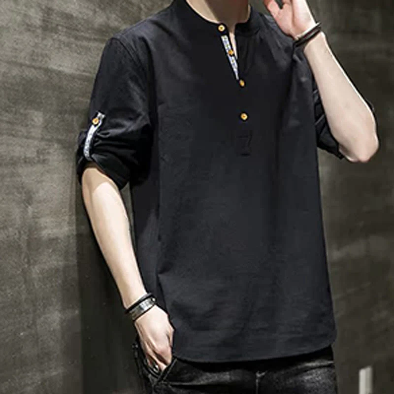 Buddha Stones Summer Solid Men's Half Buttons Half Sleeve Linen Shirt