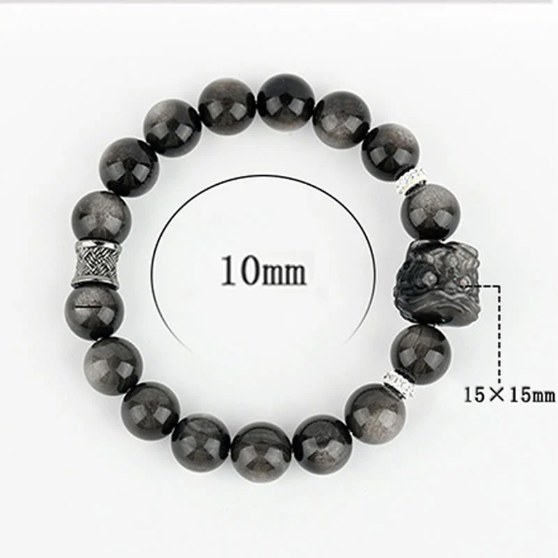 Buddha Stones Natural Silver Sheen Obsidian Lion Dance Protection Bracelet