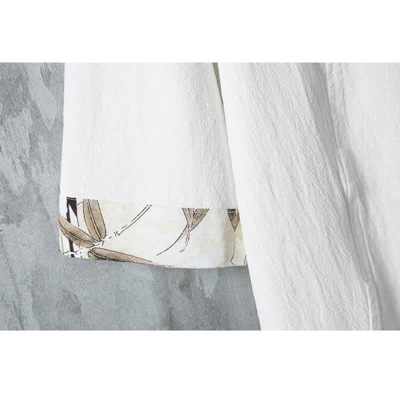 Buddha Stones Summer Chinese Frog-Button Printing Men's Plain Patchwork Half Sleeve Cotton Linen Shirt