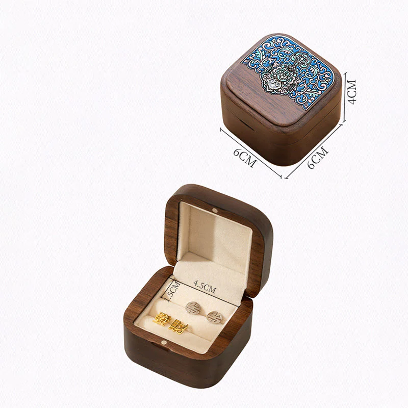 Buddha Stones Retro Handmade Black Walnut Wood Ring Jewelry Storage Box Leaf Wooden Gift Box