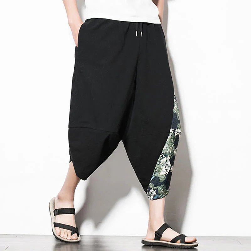 Buddha Stones Green Waves Print Cotton Men's Cropped Harem Pants With Pockets